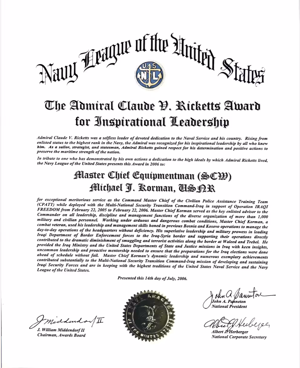 Admiral Claude V. Ricketts Award presented to Michael J. Korman